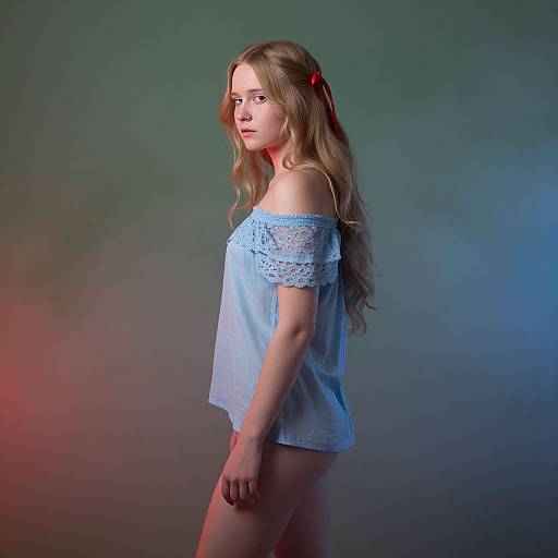 Photograph of a young Caucasian woman with long, wavy blonde hair, wearing an off-shoulder blue lace top, standing side profile against a