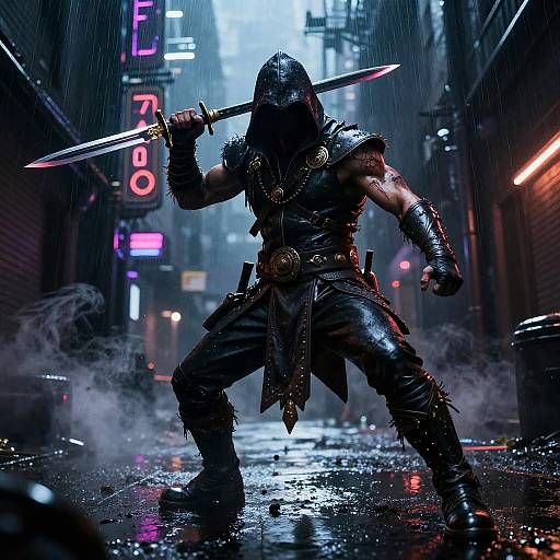 Cyberpunk warrior in dark, wet alley wielding glowing sword, hooded, armored, neon signs glowing in background, rain pouring down, neon lights
