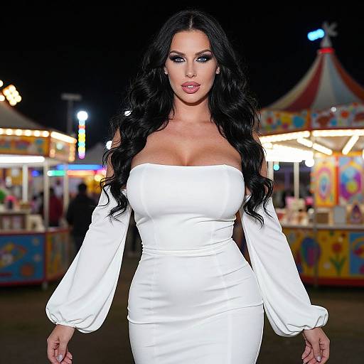 Photograph of a curvy woman with long black hair, wearing a strapless white off-shoulder dress, standing in front of a brightly lit