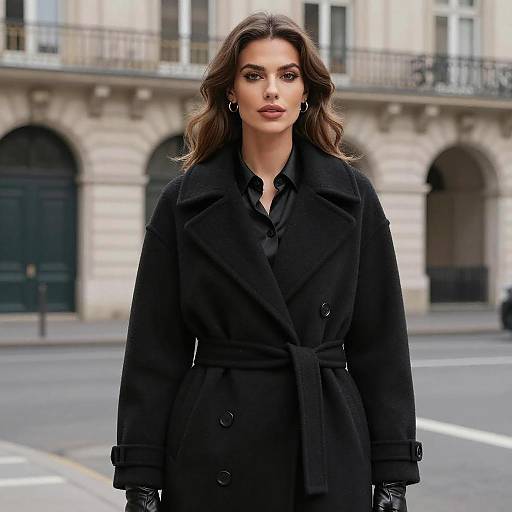 Confident Woman in Black Wool Coat on City Street