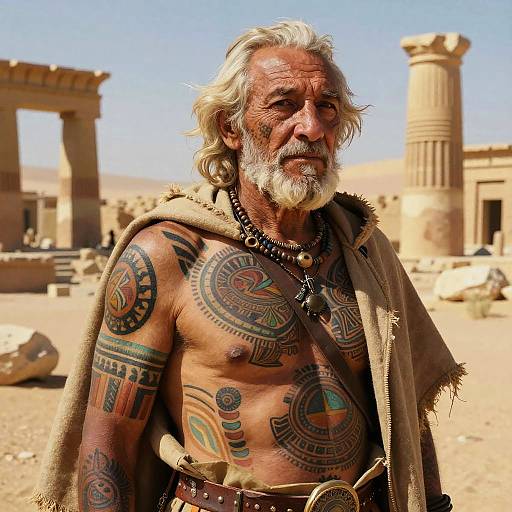Photograph of an elderly, bearded man with white hair, adorned in tribal tattoos and a brown cloak, standing in a sunlit, ancient desert