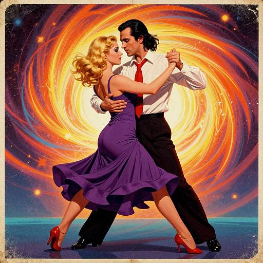 Colorful digital illustration of a dancing couple; blonde woman in purple dress and red heels, dark-haired man in white shirt and red tie, against a