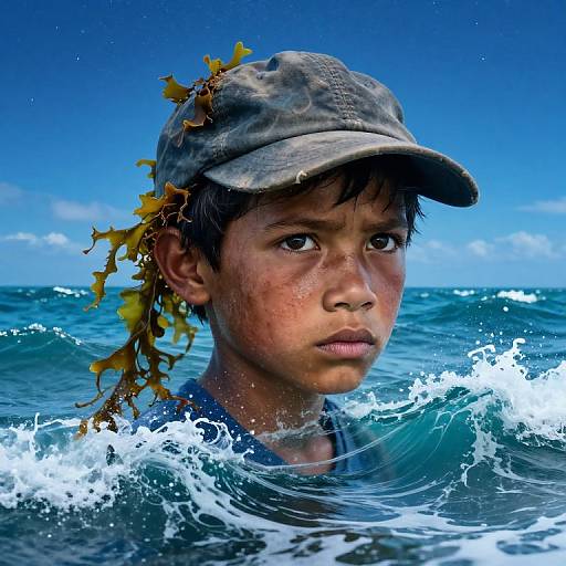 Photograph of a young, wet-faced boy with brown skin, dark hair, and a camouflage cap adorned with seaweed, standing in ocean waves under