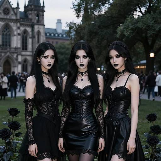 Photograph of three pale, gothic women with long black hair, wearing black lace dresses and chokers, standing in a dark, gothic-themed