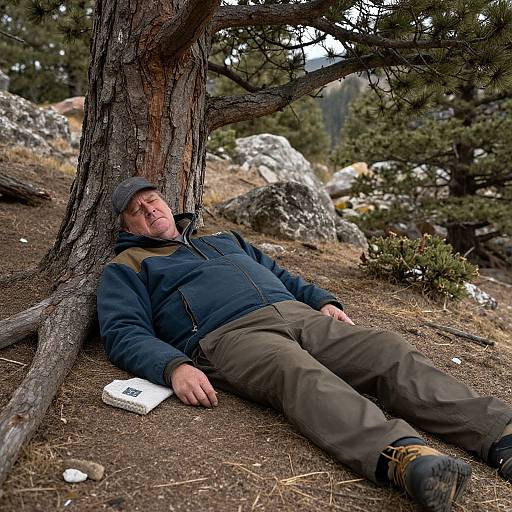 Photograph of a middle-aged man with fair skin, gray hat, blue jacket, and brown pants, leaning against a tree, asleep in a rocky