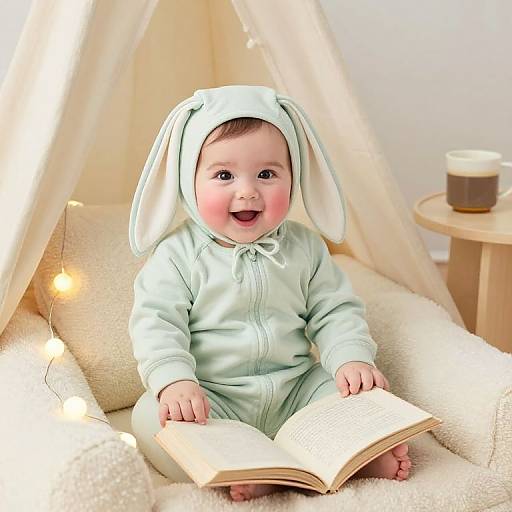 Photograph of a joyful baby in a light green bunny onesie with ears, sitting on a beige couch, reading a book under a fairy-lit