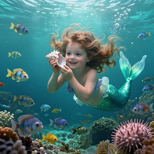 Photograph of a smiling, curly-haired mermaid girl with a green-scaled tail, holding a seashell, surrounded by colorful fish and coral