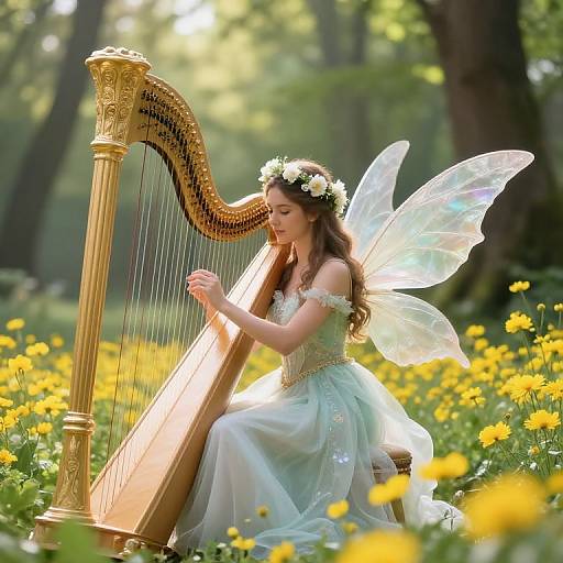 Ethereal Fairy Playing Golden Harp