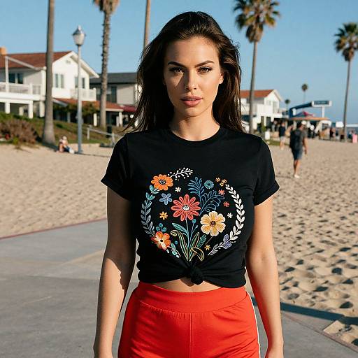 Photograph of a young woman with long dark hair, wearing a black floral crop top and red high-waisted pants, standing on a sunny beach