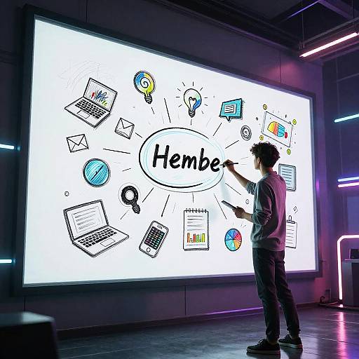 Young Man Drawing Innovative Concepts on Digital Screen