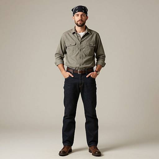 Photograph of a bearded man in a gray button-up shirt, black pants, brown belt, brown shoes, and black bandana, standing confidently