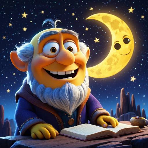Pixar-style Wise Old Moon Character Reading