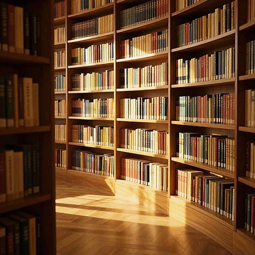Photograph of a sunlit library with tall wooden bookshelves filled with colorful, neatly arranged books on polished hardwood floors.