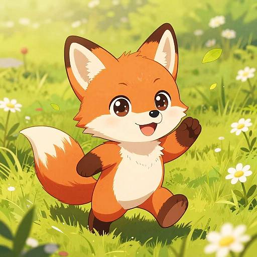 Cute, cartoon-style fox with orange fur, white chest, and brown paws, joyfully running in a sunny, flower-filled meadow.