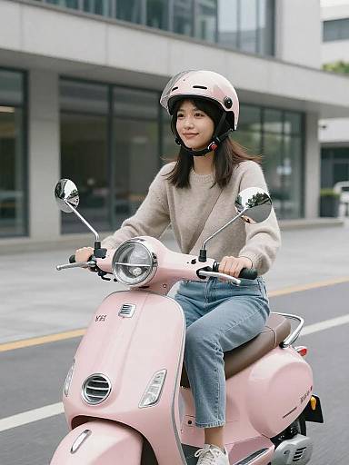 Young woman riding pastel pink scooter in urban setting