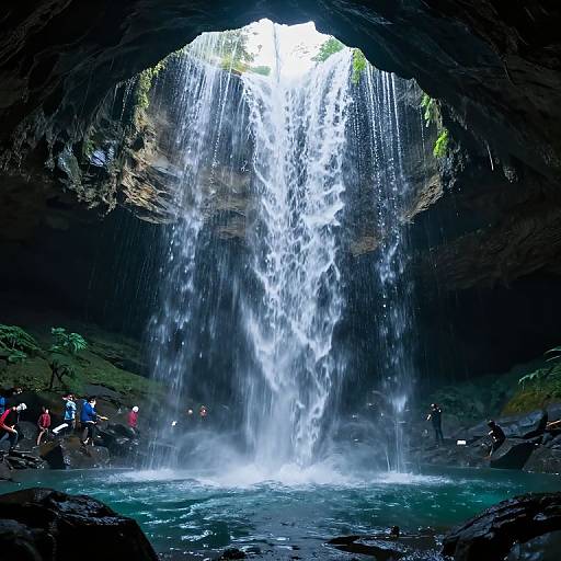 Photograph of a stunning waterfall cascading through a dark, rocky cave, with sunlight illuminating the misty pool below; people in colorful clothes stand