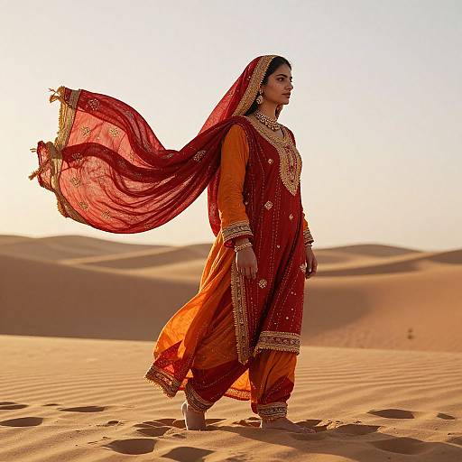Photograph of a South Asian woman in a red and gold traditional lehenga and dupatta, standing in a desert with sand dunes at sunset,