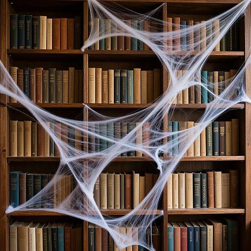 Photograph of a wooden bookshelf filled with books, with glowing white spider webs draped across the shelves in a spooky, eerie display.