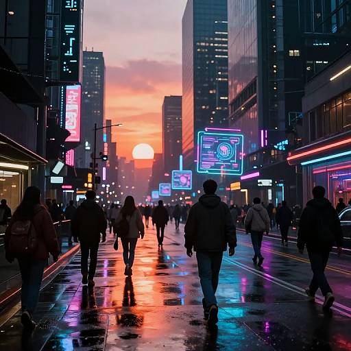 Neon-lit urban street at sunset, crowded pedestrians walking on wet pavement, colorful neon signs reflecting on the street, cityscape backdrop. Photograph.