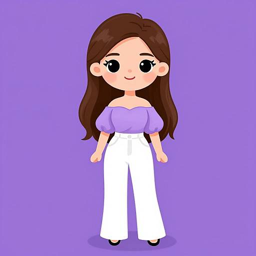 Digital cartoon of a cute, fair-skinned girl with long brown hair, wearing a purple off-shoulder top and white high-waisted pants