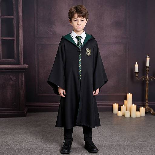 Photograph of a young boy with brown hair wearing a black Hogwarts robe, white shirt, and striped tie, standing in a dimly lit room with