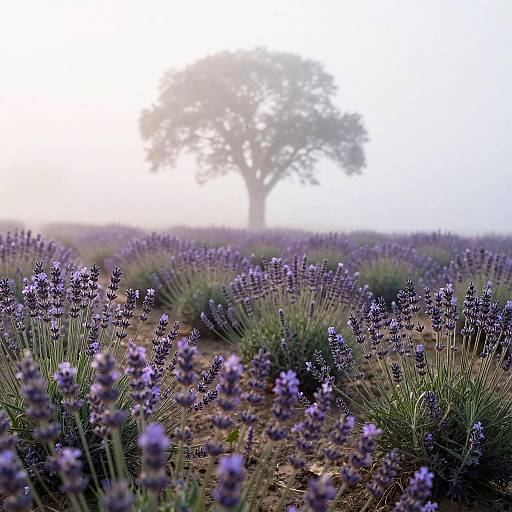 Misty Lavender Field with Tree