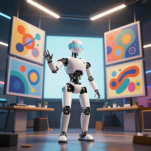 CGI image of a white, humanoid robot with blue glowing eyes, waving in a modern, brightly lit art studio with colorful abstract paintings on walls.