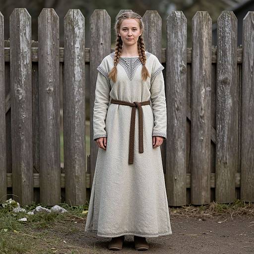 Photograph of a young white woman with braided hair, wearing a white, long-sleeved, embroidered dress with brown belt, standing in front