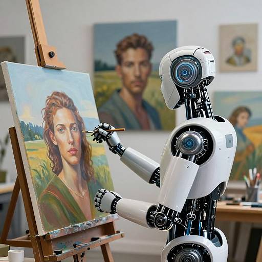 Photograph of a white robotic artist painting a realistic portrait of a red-haired woman on an easel, with blurred paintings of men in the background.