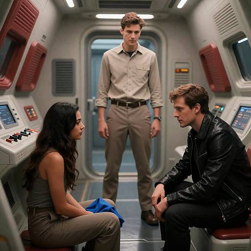 Futuristic Spaceship Interior with Three Characters