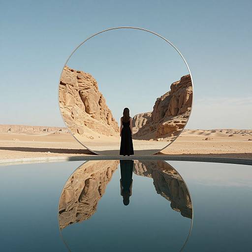 Photograph of a person silhouetted in a black dress, standing in a desert with a large circular mirror reflecting rocky cliffs and clear blue sky