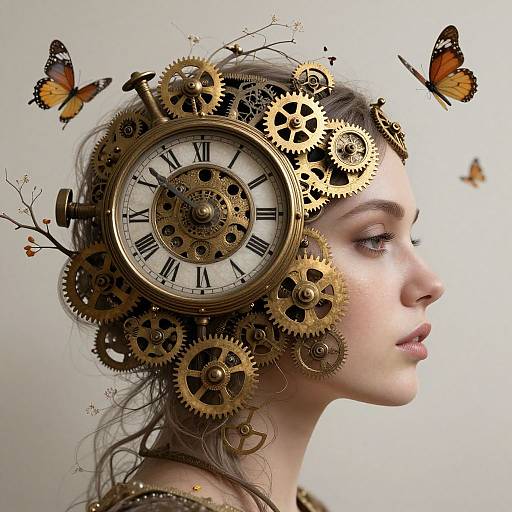 Photograph-style digital artwork of a fair-skinned woman with closed eyes, wearing a crown of gold gears and clock mechanisms, surrounded by butterflies, against