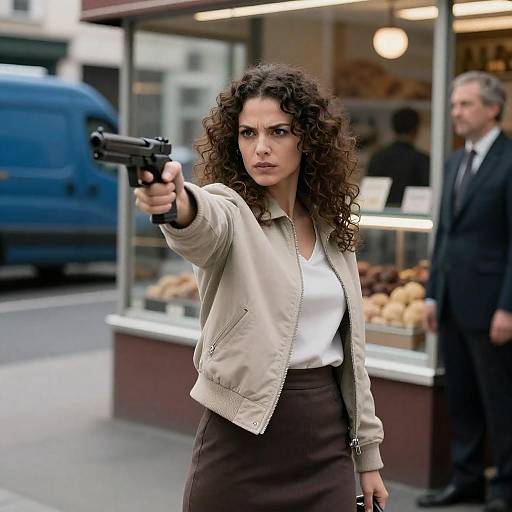 Intense Woman with Gun in Urban Scene