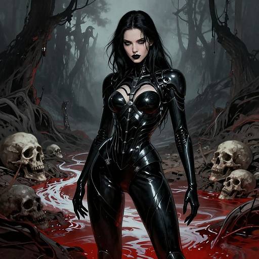 Digital artwork of a dark-haired woman in a glossy black latex suit standing in a bloody, skull-filled swamp with eerie trees.