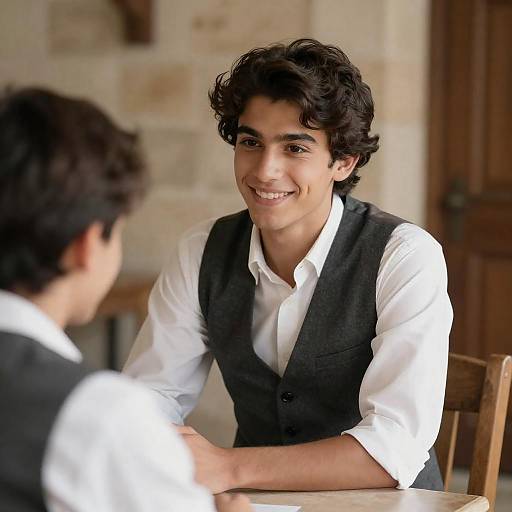 Young Man Smiles in Stone-Walled Cafe