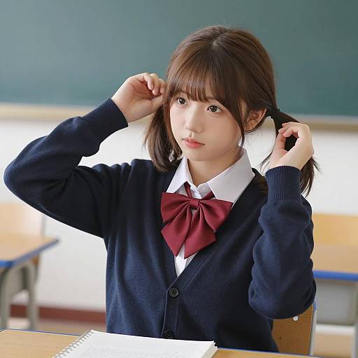 Asian Schoolgirl Adjusting Pigtails in Classroom