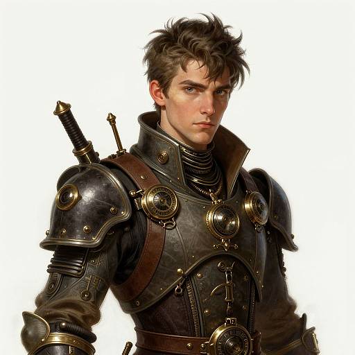 Digital art of a brooding young man with messy brown hair, wearing ornate, dark steel armor with brass accents, and a sword sheathed on