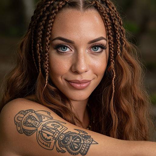 Photograph of a young woman with blue eyes, braided brown hair, and a detailed crown tattoo on her right arm, smiling softly.