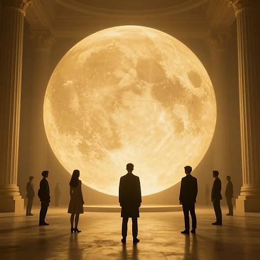 Silhouetted businesspeople stand in awe before a massive, glowing full moon in a grand, columned hall. Photorealistic CGI.