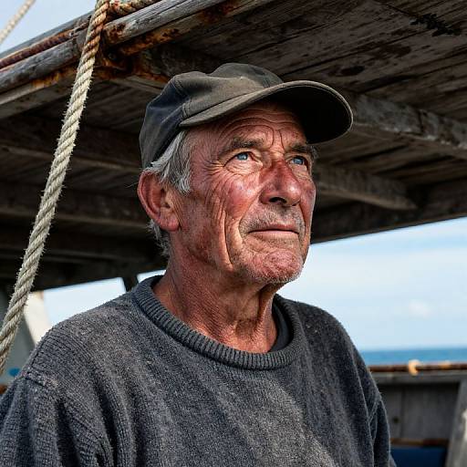 Photograph of an elderly man with weathered skin, blue eyes, and gray hair, wearing a black cap and sweater, under a rustic wooden structure