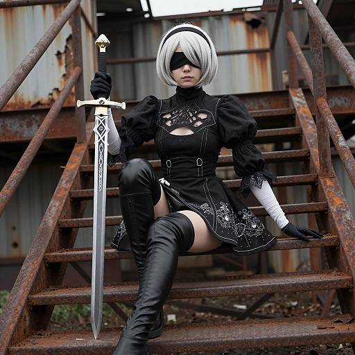 2B Cosplayer Sitting on Rusty Metal Steps with Sword