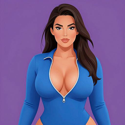 Digital illustration of a curvy woman with large breasts, long black hair, and light skin, wearing a blue zip-up top with a deep neckline,