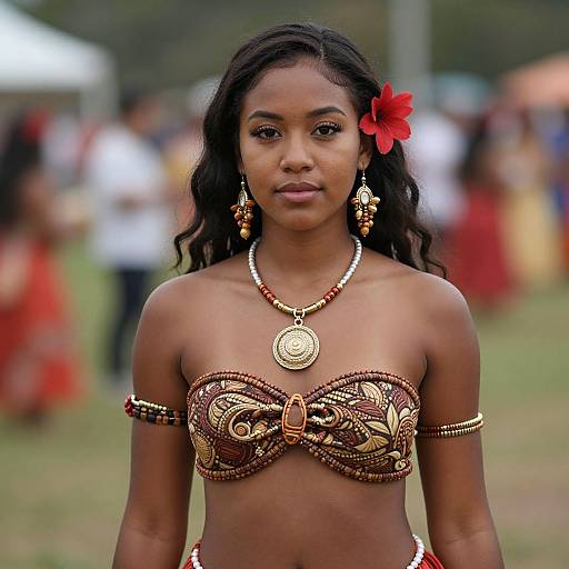 Photograph of a young African woman with dark skin, wearing a decorative, strapless brown and gold beaded top, red flower in hair, and
