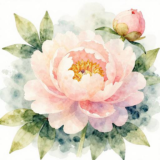 Watercolor painting of a large pink peony flower with yellow center, surrounded by green leaves and a budding flower in the background.