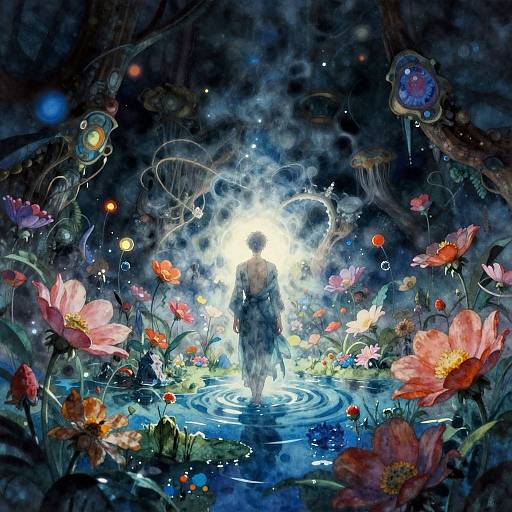 Whimsical digital painting of a shadowy figure standing in a glowing, flower-filled water pool, surrounded by vibrant flowers and ethereal light in a