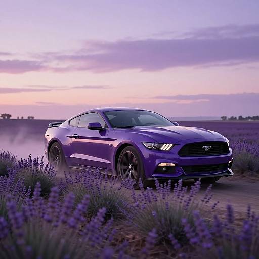 Photograph of a purple, modern Ford Mustang driving through a lavender field at sunset, with a pink and purple sky in the background.
