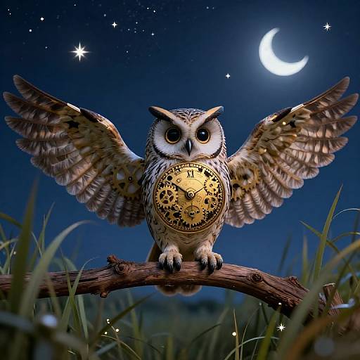 Digital illustration of a detailed owl with spread wings, perched on a branch, showcasing a clock on its chest under a moonlit, starry night