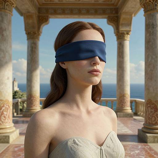Blindfolded woman with brown hair, strapless white dress, stands on marble balcony with columns, overlooking ocean and blue sky. Photorealistic