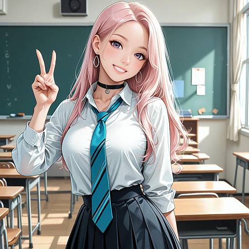 Anime-style digital drawing of a pink-haired girl in a school uniform, flashing a peace sign, with a classroom background.