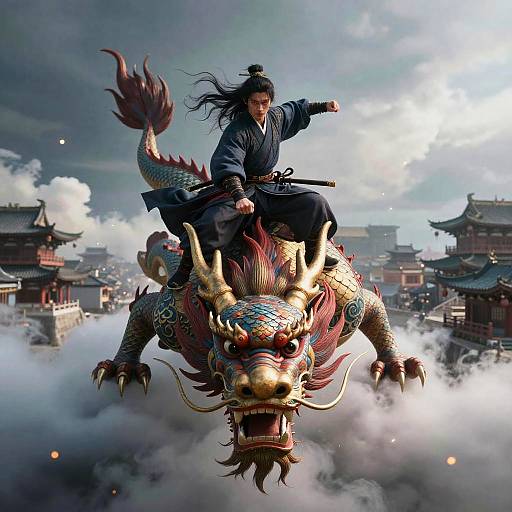 Digital art of an Asian warrior with long black hair in a topknot, riding a fierce, colorful dragon through a misty, traditional Chinese city